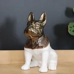 Statuette chien bouledogue en céramique Zoya (Blanc et or)