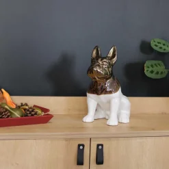 Statuette chien bouledogue en céramique Zoya (Blanc et or)