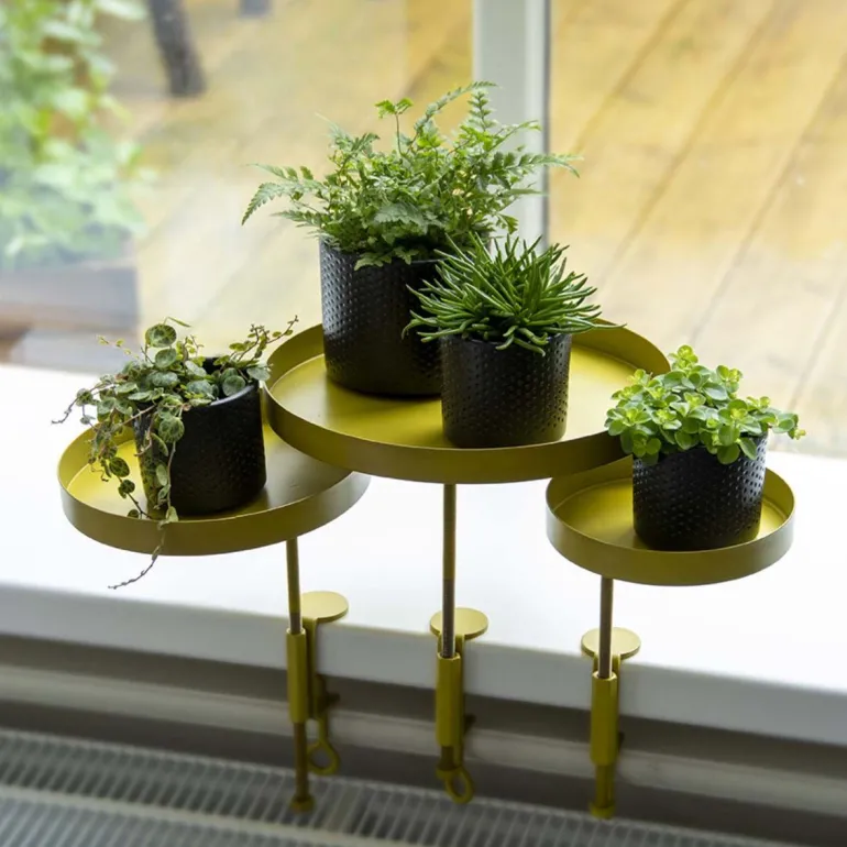 Support à plantes rond à fixer hauteur réglable doré (24.6 x 18 cm)