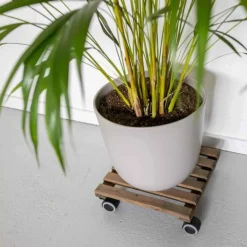 Support à roulettes en bois pour plantes d'intérieur (Carré - Teinté marron)