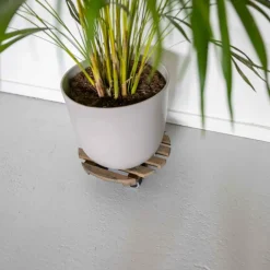 Support à roulettes en bois pour plantes d'intérieur (Rond - Teinté marron)