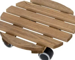 Support à roulettes en bois pour plantes d'intérieur (Rond - Teinté marron)
