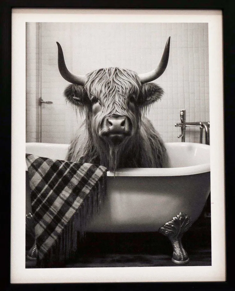 Tableau décoratif noir et blanc Cow bath (20 x 25 cm)
