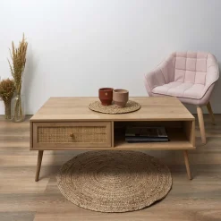 Table basse cannage et bois 1 tiroir Bali