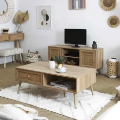 Table basse cannage et bois 1 tiroir Bali