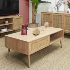Table basse cannage et bois 1 tiroir Bali