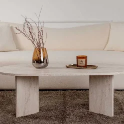 Table basse ovale en aggloméré Sable (Marbré Travertine)