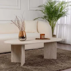 Table basse ovale en aggloméré Sable (Marbré Travertine)