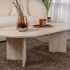 Table basse ovale en aggloméré Sable (Marbré Travertine)