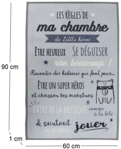 Tapis règles de la chambre enfant 60x90 cm (Little héros - gris)