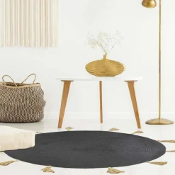 Tapis rond en coton pompons 90 cm (Anthracite)