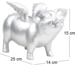 Tirelire cochon avec ailes en résine 14 x 25 x 15 cm (Argent)