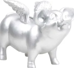 Tirelire cochon avec ailes en résine 14 x 25 x 15 cm (Argent)