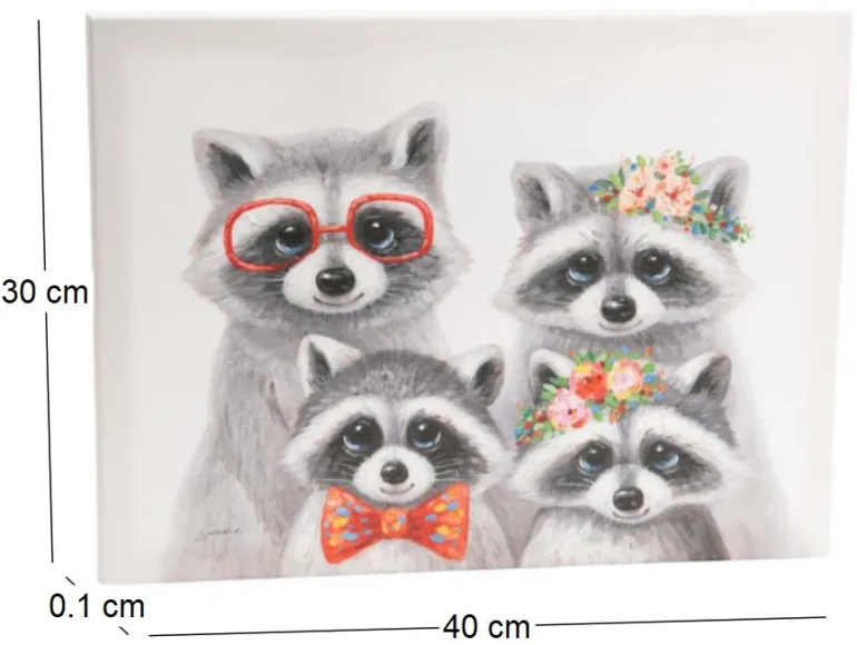 Toile famille raton laveur 40 x 30 cm